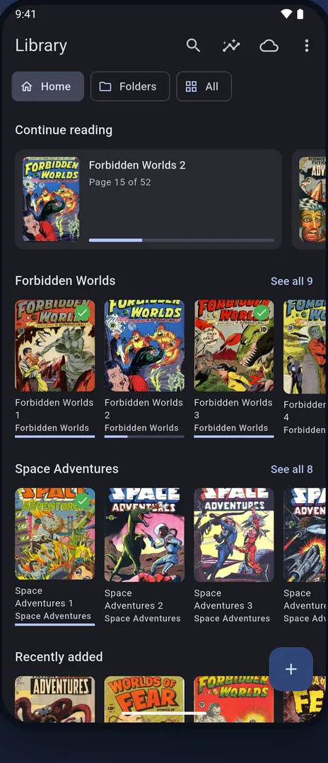 Flows showing a library of comics, with Continue reading and folders
